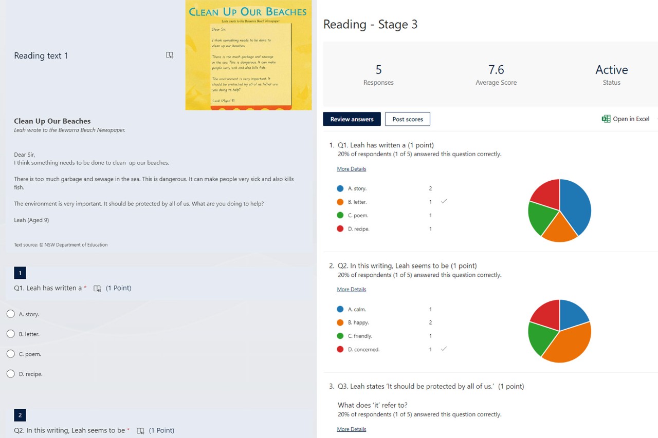 A side by side example the Stage snapshot reading assessment form and data. One displays the multiple choice questions and the data in presented in pie charts.