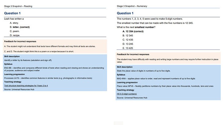 A side by side example of the Reading and numeracy Stage snapshot teacher support booklet.