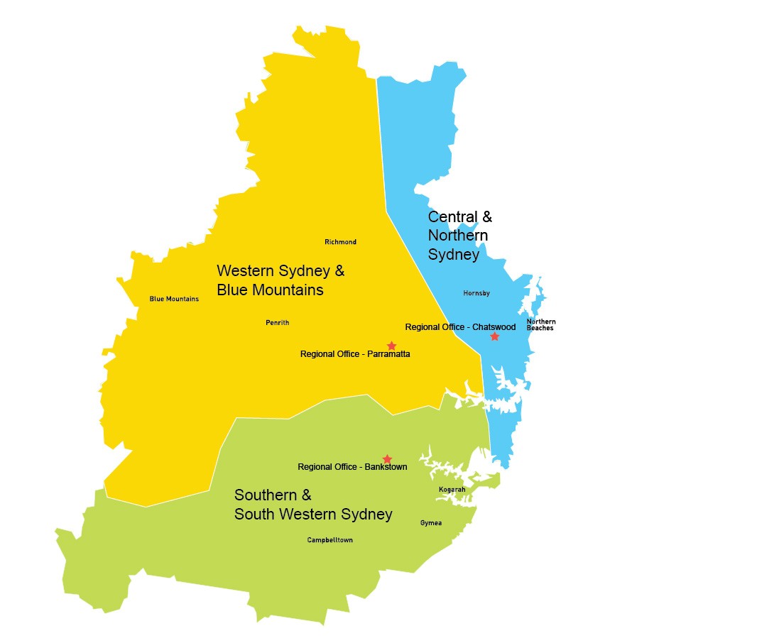 Training Services NSW Sydney Metropolitan region includes three regional offices. These include the Central and Northern Sydney region, the Southern and South Western Region and Western Sydney and Blue Mountains region.