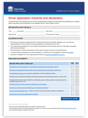 Image of the 'driver application checklist and declaration' form.