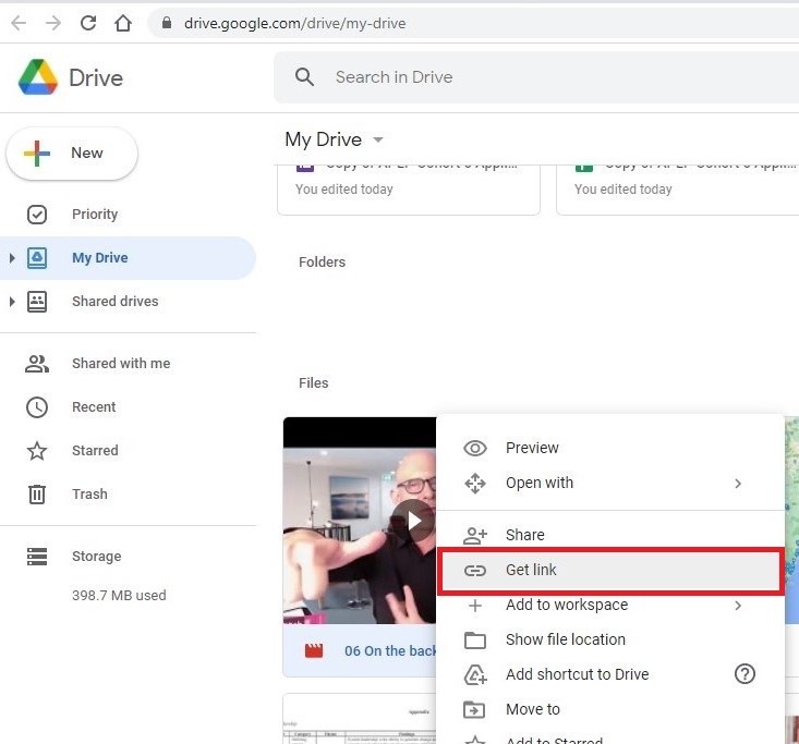 Image of clicking on Get Link in Google drive