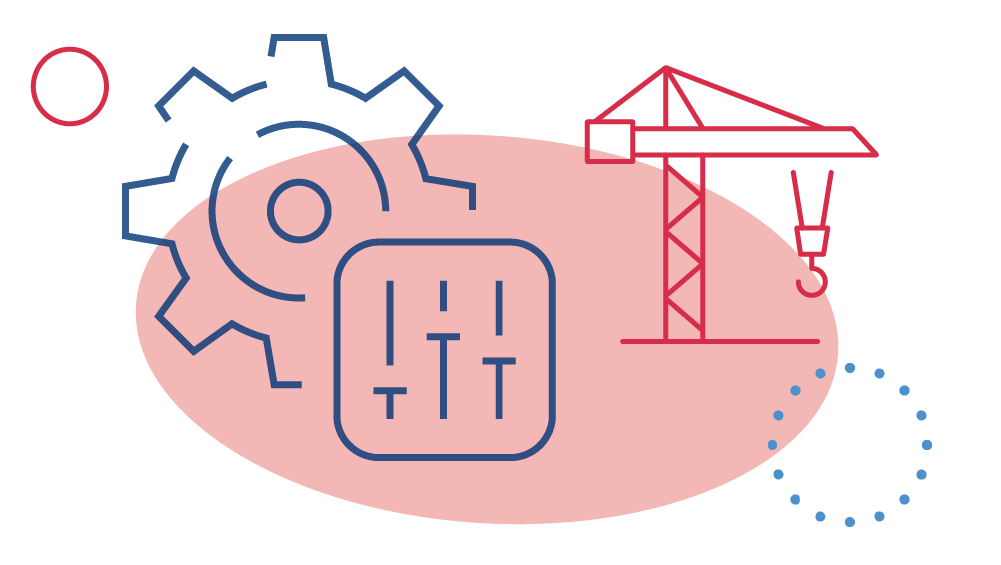 NSW Education brand graphics depicting construction with crane, cog, control board over salmon coloured oval shape. 