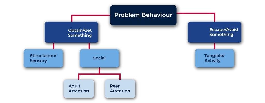 Problem behaviours are used to obtain or get something, like social attention or sensory input. Alternatively the can be used to escape or avoid something, like something tangible or an activity.
