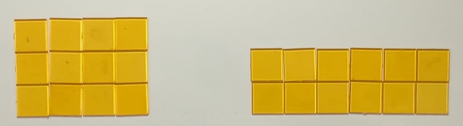 a rectangle shape made of 4 x 3 yellow blocks and another rectangle made of 6 x 2 blocks