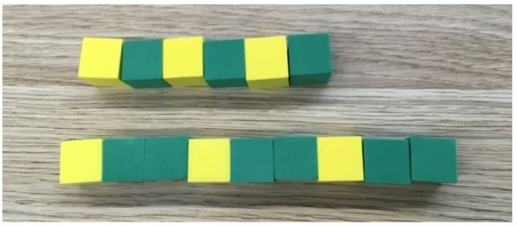 2 lines of blocks with different pattern of blocks
