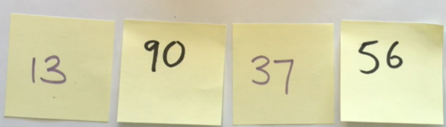 Numbers written on syellow sticky notes. From left to right read 13, 90, 37, 56.
