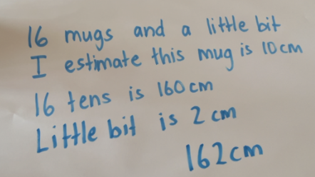 Handwritten text in blue on paper. 16 mugs and a little bit I estimate this mug is 10cm 16 tens is 160cm Little bit is 2 cm 162 cm