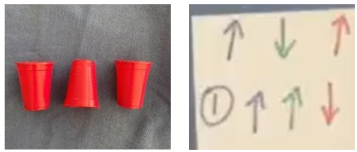 three red cups in a row, middle one pointing down