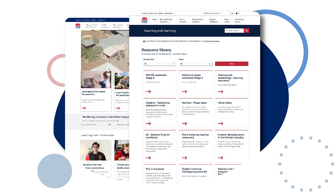 Screenshot of Resource library half covering a screenshot of the Learning form home landing page. 