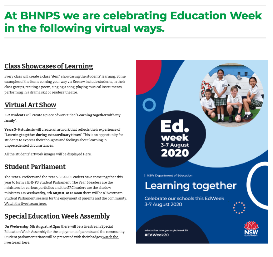 A screenshot of an EdWeek poster, including details for joining the virtual art show, student parliament, and virtual showcase of learning