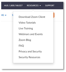 Screen shot of drop down menu showing the Download Zoom Client option