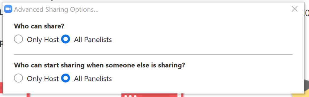 In Advanced Sharing Options, make sure All Panellists option is selection for both Who can share and Who can start sharing when someone else is sharing