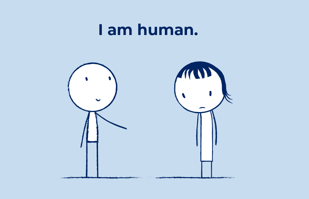 The care and connect icon - two stick figures with the text I am human in the centre.