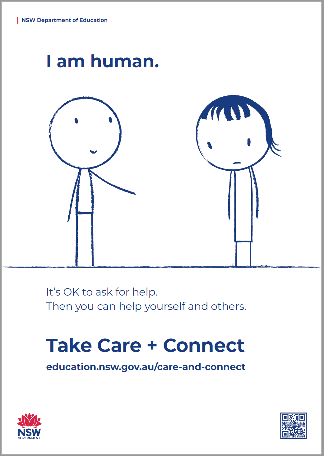 The Care and Connect Awareness poster thumbnail, featuring two figures with the text 'It's OK to ask for help. Then you can help yourself and others' underneath.