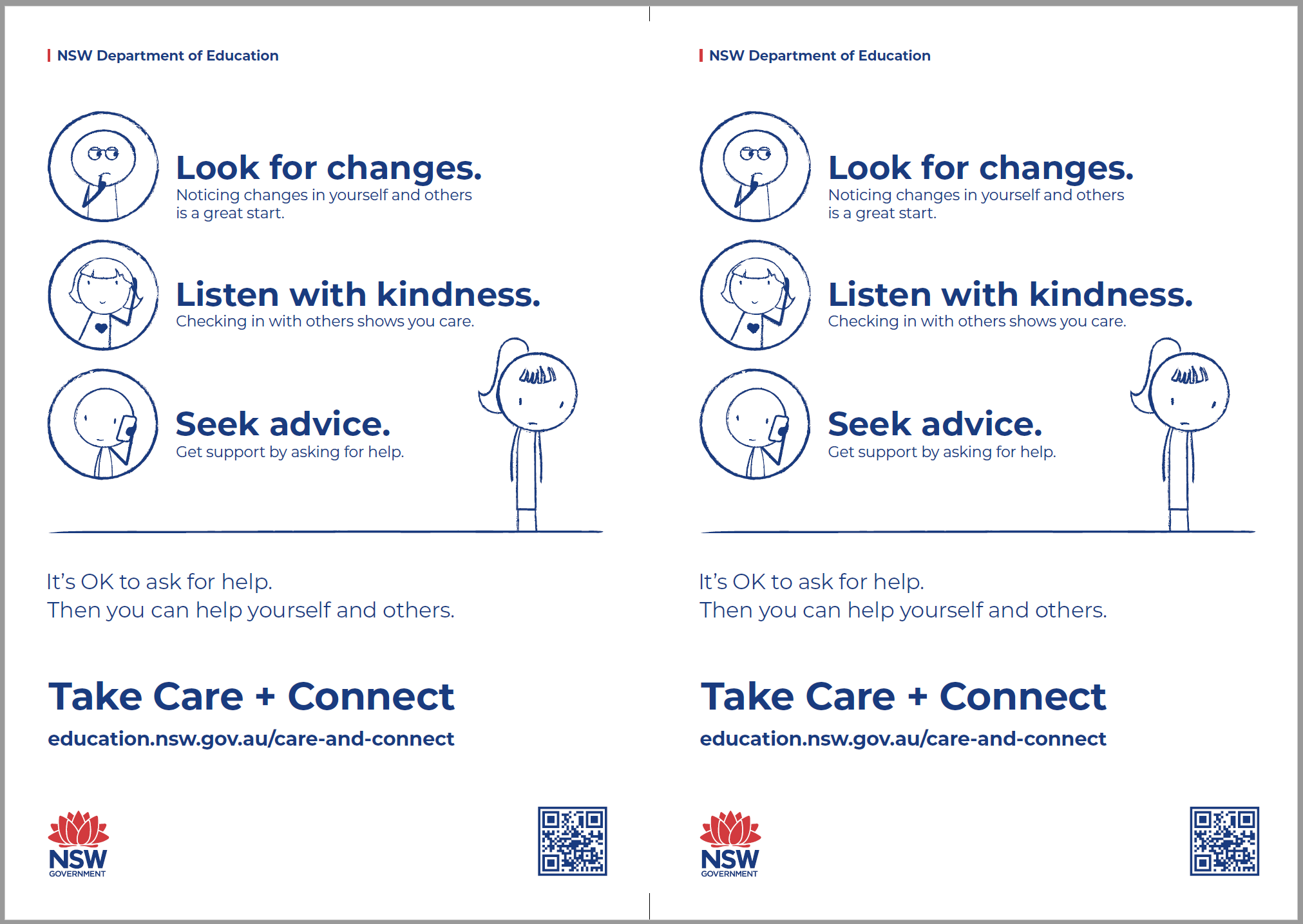 The Care and Connect instructional flyer thumbnail, featuring some text - Look for changes, listen with kindness and seek advice.