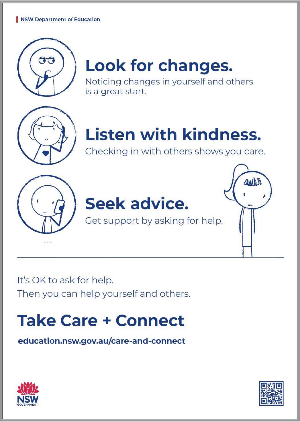 The Care and Connect instructional poster thumbnail, featuring some text - Look for changes, listen with kindness and seek advice.