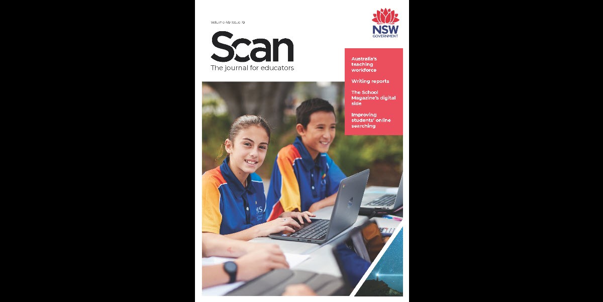 Cover of Scan journal showing smiling stuednts working collaboratively outdoors with laptops.