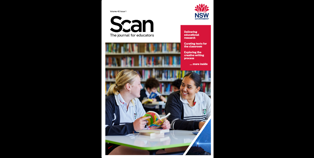 Cover of Scan journal, showing smiling secondary students reading and studying in the library.