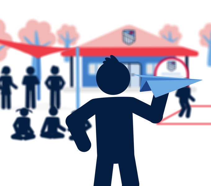 An animated man is throwing a paper plan in front of a school playground scene, with kids playing handball and teachers discussing together.